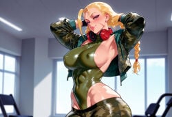 1girl clothing female breasts covered_nipples headphones_around_neck camouflage braid scar blonde_hair headphones leotard solo cammy_white sideboob blue_eyes lips scar_on_face long_hair covered_navel jacket highleg_leotard large_breasts pants scar_on_cheek green_leotard looking_at_viewer armpits open_jacket gloves highleg twin_braids lowleg_pants open_clothes skin_tight arms_behind_head arms_up turtleneck_leotard toned covered_abs black_gloves ahoge indoors sweat tight_clothes abs cropped_jacket smile muscular_female muscular blush taut_leotard blurry_background lowleg cameltoe skindentation gym inviting inviting_to_sex seductive seductive_look seductive_smile presenting presenting_hindquarters presenting_ass presenting_self presenting_breasts ribbed_leotard groin impossible_clothes impossible_leotard puckered_lips window alternate_breast_size camouflage_pants makeup sleeveless_turtleneck_leotard 1girls ai_generated voluptuous_female voluptuous curvaceous curvaceous_figure curvaceous_female curvy curvy_figure female_focus balecxi capcom street_fighter street_fighter_6 cammy_white_(street_fighter_6)
