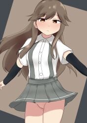 1girl absurdres arashio_(kantai_collection) arm_warmers blush bottomless brown_background brown_eyes brown_hair clothes_lift collared_shirt commentary_request cowboy_shot dress_shirt frown full-face_blush grey_background grey_skirt haruno_plum highres kantai_collection long_hair looking_at_viewer no_panties outside_border parted_bangs pleated_skirt pussy shirt short_sleeves sidelocks simple_background skirt skirt_lift solo standing suspenders sweat very_long_hair white_shirt wind wind_lift