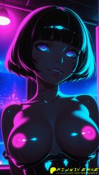 ai_generated aiuniverse56 anime anime_screencap bangs black_hair black_swimsuit blue_eyes breasts breasts_out cartoon cyberpunk cyberpunk:_edgerunners cyberpunk_(series) cyberpunk_2077 cyberpunk_edgerunners cyborg cyborg_girl female female_only glowing_eyes glowing_nipples neon_lights netflix pink_nipples pink_pupils sasha_yakovleva short_hair stable_diffusion swimsuit upper_body