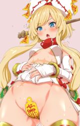 blonde_hair blue_eyes blush bottomless bow bracelet breasts chestnut_mouth clearite commentary_request detached_sleeves erect_nipples female hairbow jewelry large_bow last_period long_hair looking_down maebari open_mouth scar shiny shiny_skin simple_background skirt skirt_lift small_breasts solo sweat talisman thighhighs tied_hair twintails uuryuu_(last_period)