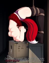 1girls ai_assisted ai_generated arched_back arms_behind_back bdsm black_thighhighs bomba_(ai) bombalurina_ai bondage box cum dangling dubious_consent english_text female female_only fox_girl fox_tail full_body glory_hole head_in_box head_stuck implied_fellatio markings medium_breasts multicolored_hair oc original_character padlock plaid_skirt purple_panties red_hair red_plaid_skirt rope streaked_hair stuck tally_marks tiptoes topless two_tone_tail