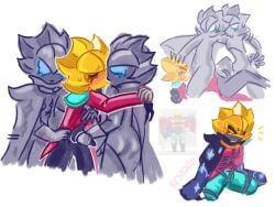 sirius_(brawl_stars) 3boys shadow clone 3some shibari cum_inside cum_in_mouth flustered shy no_humans sketch grabbing kissing embarrassed shocked_expression