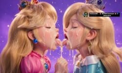2girls ai_generated assertive assertive_female blue_dress clothed clothed_female crown cum cum_everywhere cum_kiss cum_on_dress cum_on_face cum_on_hair cum_on_tongue edited_image illumination_entertainment incest incest_(lore) lesbian lesbian_kiss long_hair nintendo nintendo_movie pink_dress princess princess_peach princess_peach_(movie) princess_rosalina princess_rosalina_(movie) saliva sisters sisters_(lore) submissive submissive_female super_mario_galaxy_(2026_film) tongue_out twitter_username username x_username yallahs80 yuri
