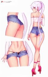 1girls ass bluefield female female_only high_heels looking_at_viewer looking_back panties rwby short_shorts shorts solo weiss_schnee