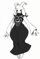 asriel_dreemurr asriel_dreemurr_(god_form) undertale unknown_artist goat caprine bovine furry wide_hips thick_thighs wide_thighs male solo male_only tight_clothing dress tight_dress delta_rune_(emblem) rune looking_at_viewer simple_background 3_toes 4_fingers paws feet floating robe robes necklace horns large_hips large_thighs femboy ears face_markings floppy_ears long_ears hair tuft head_tuft claws monochrome white_body white_fur black_clothing black_robe black_dress