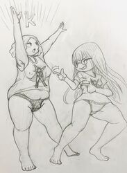 2girls armpits arms_up barefoot bbw black_and_white chubby erect_nipples excessive_pubic_hair female_only glasses haru_okumura mizuyama nipple_bulge nipples_visible_through_clothing no_bra panties persona persona_5 pubic_hair sakura_futaba smile