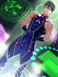 1boy 1male arms_up bara black_hair bodysuit bulge hundred kisaragi_hayato male male_only muscle muscular muscular_male red_eyes shiny_skin solo spandex tight_clothing