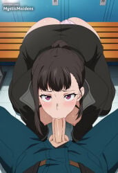 1girl penis fellatio oral hetero 1boy panties nipples underwear breasts blush purple_eyes looking_at_viewer uncensored ponytail solo_focus panties_aside ass breasts_out black_hair bench patreon_username sweat testicles pov clothing_aside all_fours white_panties public_indecency watermark medium_breasts web_address brown_hair erection artist_name pink_panties ai_generated anime anime_style hentai hi_res mystic_maidens patreon maki_oze oze_maki en'en_no_shouboutai enen_no_shouboutai fire_force