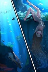 1girls after_orgasm air_bubbles comic dark_hair green_eyes marima666_(artist) nipples nude small_breasts underwater water