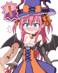 blush elizabeth_bathory_(halloween_caster) fangs fate/grand_order fate_(series) flat_chest halloween horns inasaki_shirau long_hair penis pink_hair ribbon wings