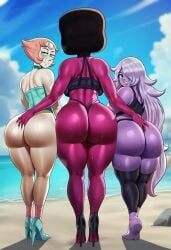 3girls ai_generated amethyst_(steven_universe) ass_focus ass_grab beach big_ass bikini colored_skin dat_ass daytime female female_only garnet_(steven_universe) gemstone height_difference high_heels huge_ass long_hair looking_at_viewer pearl_(steven_universe) purple_skin short_female shortstack side-by-side smaller_female steven_universe sweat sweatdrop sweating sweaty_ass sweaty_body take_your_pick tall_female taller_female teasing