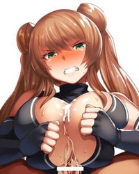 1boy bar_censor belko blush breast_squeeze breasts brown_hair censored center_opening cleavage clenched_teeth cum cum_on_body cum_on_breasts cum_on_upper_body double_bun ejaculation elbow_gloves embarrassed eyebrows_visible_through_hair female fingerless_gloves frown full-face_blush gloves green_eyes hair_between_eyes jitome kanpani_girls large_breasts leifang_law long_hair looking_at_viewer paizuri penis pointless_censoring shaun_(fallenicons) simple_background solo_focus straight sweat teeth turtleneck white_background