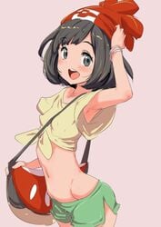 1girls arm_up armpits bag beanie black_eyes black_hair bracelet clearite clothed erect_nipples eyelashes female hat human human_only jewelry looking_at_viewer midriff navel nintendo open_mouth pink_background pokemon pokemon_sm selene_(pokemon) shirt short_hair short_shorts shorts smile solo standing t-shirt teeth tongue