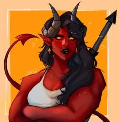 solo_female female dispatch_(game) malevola_gibb demon horns black_horn black_horns long_horns yellow_eyes yellow_sclera black_hair long_hair wavy_hair brunette_female red_skin muscular_female sword hilt sketch portrait headshot_portrait dark_lipstick dark_lips black_lipstick black_lips earrings pointy_ears pointed_ears tail pointed_tail pointy_tail crossed_arms folded_arms watermark clothed_female clothed
