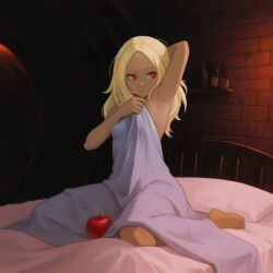 1girl ai_assisted ai_generated annoyed annoyed_expression armpit armpit_fetish armpit_sniffing armpits bed blanket blanket_grab blonde_hair covering_self female gravity_rush kat_(gravity_rush) kneeling messy_hair on_bed raised_arm red_eyes sitting smelling_armpit smelly sniffing sniffing_armpit solo steamy sweaty tan_skin