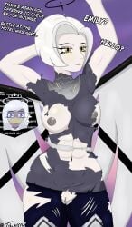 abs angel angel_girl angel_humanoid angel_wings areola areolae athletic athletic_female athletic_humanoid atripes bedroom_eyes biceps big_breasts big_thighs black_eyebrows black_halo black_lips blush blush_lines blushing thick_thighs blushing_female blushing_profusely bob_cut body_blush body_worship breast_blush breasts breasts_out clitoral_hood clitoris clothed clothed_female clothing curvy curvy_female curvy_figure curvy_hips curvy_humanoid dialogue duo emily_(hazbin_hotel) emotionless emotionless_female english_text exposed exposed_breasts exposed_nipples exposed_pussy exposed_shoulders exposed_torso eyebrows eyelashes eyelashes_visible_through_hair eyelids eyeliner feathered_wings feathers female female/female female_angel female_focus female_humanoid female_only gay_panic genitals glistening glistening_abs glistening_areola glistening_body glistening_breasts glistening_eyes glistening_genitalia glistening_muscles glistening_pussy glistening_skin glistening_thighs gold_eyes golden_eyes grey_areola grey_areolae grey_body grey_breasts grey_hair grey_nipples grey_pussy grey_skin grey_vulva grey_wings hair half-closed_eyes halo hazbin_hotel heaven heavenly_body hellaverse helluva_boss hourglass_figure hourglass_figured_female hourglass_figured_humanoid humanoid lips long_hair looking_at_another looking_at_partner looking_at_viewer lute_(hazbin_hotel) makeup markings medium_breasts midriff muscle muscle_mommy muscle_tone muscle_worship muscles muscular muscular_arms muscular_female muscular_humanoid muscular_legs muscular_thighs naked naked_female naked_humanoid narrowed_eyes navel nipples not_furry overwhelmed pale-skin pale-skinned_female pale_skin pale_skinned_female panic panicked_look panicking pose pupils purple_background purple_eyes pussy pussy_blush seducing seducing_viewer seductive seductive_body seductive_eyes seductive_look seductive_pose short_hair simple_background slit_pupils standing striped striped_wings surprised surprised_expression sweat sweatdrop sweating text thick_hips tibunsfw undressed unexpected unexpectedly_good voluptuous voluptuous_female voluptuous_humanoid vulva vulva_blush white_body white_breasts white_hair white_skin wide_hipped_female wide_hipped_humanoid wide_hips winged_humanoid wings yellow_eye yellow_eyes yellow_eyes_female yuri torn_clothes torn_clothing wardrobe_malfunction embarrassed_nude_female enf scratches blue_pants grey_topwear ripped_clothing ripped_pants ripped_clothes ripped_shirt ripped_leggings torn_legwear torn_topwear exposed_areolae nipple_slip exposed_clitoris torn_pants torn_bottomwear