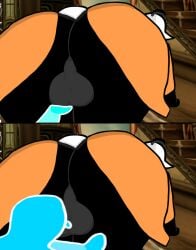 anthro ball_fondling ball_lick balls bear big_butt black_body black_fur blue_hair butt clothed clothing comic comic_panel eyewear female female/female fondeling fondling frutigooner fur genitals ghost giant_panda glasses gynomorph gynomorph/female hair intersex intersex/female jacket lgbtq licking mammal mute oral overweight overweight_female partially_clothed sex shortstack shortstack_female spirit thick_thighs tongue topwear trans_(lore) trans_woman_(lore) wearing_glasses white_body white_fur