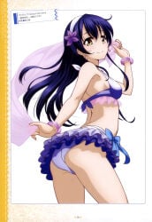 10s 1girls ass back bikini blue_hair blush breasts brown_eyes female_focus flower frills hairband highres long_hair looking_at_viewer love_live! love_live!_school_idol_project official_art otono_natsu ribbon smile solo sonoda_umi swimsuit