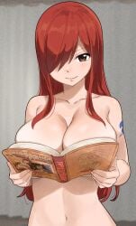 1girls erza_scarlet fairy_tail gaston18 red_hair hair long_hair brown_eyes smile hair_over_one_eye tattoo tattoo_on_arm huge_breasts big_breasts breasts ouch_meme meme meme_reference cleavage breast_focus book book_covering_breasts upper_body upper_body_only solo solo_female female female_only