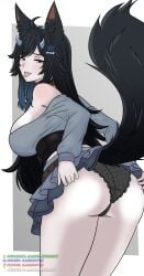 acitrusfruit ass black_hair black_panties black_tail first_porn_of_character flashing_ass flashing_panties horns lifting_skirt looking_at_viewer looking_back_at_viewer loose_clothes magnum_oppai piercing skirt skirt_lift tagme tail tongue tongue_out tongue_piercing virtual_youtuber vtuber wolf_ears wolf_girl wolf_humanoid wolf_tail