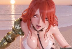 ai_generated rulegirl3d 1girl solo long_hair breasts looking_at_viewer open_mouth large_breasts red_eyes cleavage swimsuit heart outdoors bikini red_hair tongue tongue_out collar symbol-shaped_pupils shiny_skin skindentation ocean white_bikini beach heart-shaped_pupils leash malenia_blade_of_miquella elden_ring elden_ring_nightreign fromsoftware