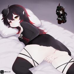 1girl art.hex art_hex big_breasts black_and_red_hair black_hat black_shirt black_skirt blush breasts clothes cute female hex_art long_hair looking_back no_panties on_bed presenting presenting_pussy pussy red_eye reference_image request roblox roblox_avatar robloxian self_upload short_body sleep solo_focus white_body white_tail yellow_eye