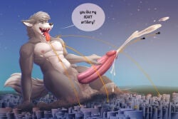 aircraft airplane anthro anti_aircraft_guns bodily_fluids canid canine canis city city_destruction crush crushed_vehicle cum cumshot destruction detailed_background ejaculation genital_fluids genitals helaviskrew hi_res jet landscape_dwarfing macro male mammal masturbation micro outside penis river solo vehicle vehicle_destruction vehicle_penetrated wolf