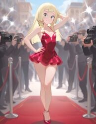 ai_generated bare_legs beautiful_girl blonde_female flat_chest green_eyes heavenly_body lillie_(pokemon) long_hair petite_female pretty_girl red_carpet sexy short_dress slim_girl slim_waist slutty_dress slutty_female temptation tempting_viewer
