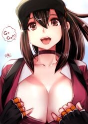 artist_name baseball_cap breasts brown_eyes brown_hair choker cleavage collarbone dated female female_protagonist_(pokemon_go) fingerless_gloves gloves hat large_breasts lips long_hair looking_at_viewer open_clothes open_mouth open_shirt pokemon pokemon_go ponytail shirt simple_background solo souryu speech_bubble teeth tied_hair unzipped upper_body