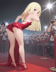 ai_generated bare_legs beautiful_girl blonde_female flat_chest focus_on_ass green_eyes heavenly_ass heavenly_body lillie_(pokemon) long_hair petite_female pretty_girl red_carpet sexy short_dress slim_girl slim_waist slutty_dress slutty_female temptation tempting_viewer