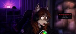 ai_generated furry furry_only furry_male safe streaming streamer shocked shocked_expression gaming_chair purple_light yellow_eyes anthro hoodie wolf long_hair brown_hair dijep_(streamer) male headset