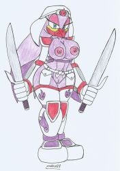 armor_plates big_breasts big_hips blue_eyes dual_swords eyeshadow fanny_pack female female_only hood kunoichi marlon64 mobian_swallow naked_belt naked_boots naked_female naked_gloves ninja ninja_girl ninja_mask purple_body purple_feathers purple_hair purple_nipples solo_female sonic_(series) traditional_drawing_(artwork) wave_the_swallow white_background