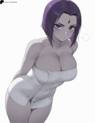 1girl 1girls ai_generated angry armpit_crease arms_behind_back bare_shoulders breasts closed_mouth collarbone dc dc_comics forehead_jewel hi_res high_quality high_resolution highres large_breasts leaning_forward legs_together light looking_at_viewer nose opal_nemy patreon_logo patreon_url patreon_username plain_background purple_eyes purple_hair raven_(dc) self_upload shadow shiny shiny_hair shiny_skin short_hair simple_background solo standing teen_titans thick_thighs thighs towel watermark white_background white_towel