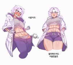 1girl 1girls abs belly belly_button big_breasts breasts embarrassed female female_focus female_only gloves hair kira_(limbus_company) limbus_company looking_at_viewer looking_down looking_down_at_viewer muscular muscular_female odomarine panties project_moon pulling_down_pants purple_hair scar_on_belly scar_on_chest scar_on_stomach scars short_hair shorts solo solo_female solo_focus sports_bra sports_shorts sportswear stomach tagme tattoo tattoo_on_arm tattoos the_middle_(identity)_(project_moon) the_middle_(project_moon) thighs white_background white_hair