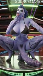 1futa 3d artist_signature big_breasts big_penis blue_hair blue_skin fishnets futanari high_heels highres huge_cock large_breasts large_penis lingerie long_penis looking_at_viewer nyl_widowmaker overwatch sourcemaker squatting strip_club stripper stripper_pole thick_thighs tongue_out v_sign veiny_penis widowmaker