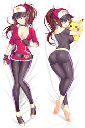 1pokemon ass barefoot baseball_cap bed belt black_legwear blue_eyes blush bodysuit breasts brown_hair choker cleavage cleavage_pull cleavage_reach dakimakura feet female female_protagonist_(pokemon_go) fingerless_gloves full_body gloves hat holding holding_poke_ball leggings long_hair looking_at_viewer lying multiple_views nintendo no_socks on_back open_mouth pikachu pokémon_(species) poke_ball pokemon pokemon_go ponytail sample shoes skin_tight smile sneakers tied_hair