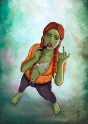1girls applying_lipstick applying_makeup azariasnsfw batman_(series) big_breasts bra breasts dc_comics female female_only green_skin lipstick middle_finger nipples nipples_visible_through_clothing poison_ivy red_hair solo translucent_clothing