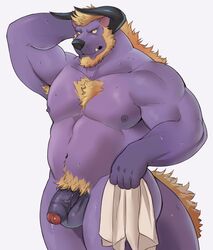 1boy adios anthro armpit_hair armpits balls beard behemoth facial_hair final_fantasy flaccid fur hand_behind_head horn male male_only mammal musclegut muscular nipples pecs penis purple_skin simple_background solo square_enix towel tuft vein veiny_penis video_games wet yellow_fur