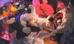 5:3 abs anal anal_penetration anthro balls barazoku big_muscles big_pecs black_sclera blush body_hair bone brother_(lore) brothers_(lore) candle canid canine canis cape chest_tuft clive_the_wolf_(uriex) cloth_gag clothing fire food footwear for_a_head fruit gag genitals gloves group hairy_balls halloween handwear hi_res holidays hood incest_(lore) jack-o'-lantern looking_pleasured male male/male male_penetrated male_penetrating male_penetrating_male mammal mummy muscular muscular_male nipples object_head partially_submerged pecs penetration penile penile_penetration penis_in_ass penis_in_sock plant pumpkin pumpkin_head red_eyes restrained screw sex sibling_(lore) skeleton skull skull_head socks spirit tombstone tuft undead uriex water wolf