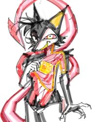 3:4 alunka anthro black_body black_fur canid canine claws digital_media_(artwork) fat_tissue female fur gore grin looking_at_viewer mammal nude painless_gore pointy_ears prick_ears sharp_teeth simple_background smile snout solo tail teeth white_background yellow_teeth