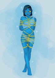 blue_body blue_skin bob_cut bondage dark_hair hecate hecate_(lore_olympus) lore_olympus rope rope_bondage see-through see-through_clothing short_hair tied_up