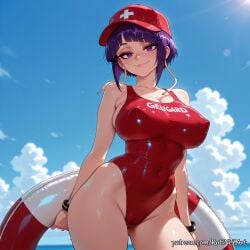 1girl 2026 ai_generated anime bangs bare_shoulders beach blue_sky blunt_bangs boku_no_hero_academia boobs bracelet breasts cameltoe cleavage cloud collarbone covered_navel covered_nipples cowboy_shot crossover day eye_contact female female_focus hat highleg highleg_swimsuit highres huge_breasts innertube jewelry jirou_kyouka kyoka_jiro large_breasts lips looking_at_viewer my_hero_academia nsfw ocean one-piece_swimsuit outdoors patreon patreon_logo patreon_username purple_eyes purple_hair red_headwear red_one-piece_swimsuit rognezart shiny shiny_clothes shiny_skin short_hair sky smile smiling solo swimsuit thick_thighs thighs watermark web_address wet