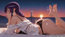 ai_generated hd 1girl solo long_hair breasts looking_at_viewer blush shirt large_breasts long_sleeves hair_between_eyes closed_mouth bare_shoulders underwear purple_eyes white_shirt panties braid purple_hair ass sidelocks thighs outdoors sweat open_clothes lying sky barefoot off_shoulder water bra from_side feet wet see-through lips toes black_panties single_braid open_shirt profile night ocean soles beach half-closed_eyes on_stomach lingerie black_bra star_(sky) night_sky wet_clothes lace_trim hand_on_own_face lace starry_sky legs_up back thong head_rest sunset horizon sun wet_shirt lace-trimmed_panties lace-trimmed_bra the_pose feet_up gradient_sky orange_sky sunrise lighthouse saeko_busujima highschool_of_the_dead