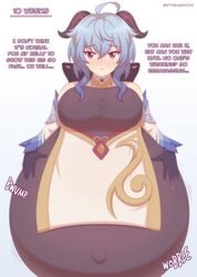 belly_button big_breasts blue_hair english_text female ganyu_(genshin_impact) genshin_impact hands_on_belly huge_belly hyper_pregnancy inflation looking_at_viewer overweight pregnant ready_to_pop short_hair solo stygianrook tagme text