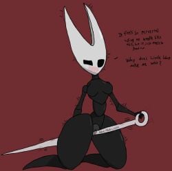 1girl black_body blush blush_lines blushing blushing_female breasts bug bug_girl dialogue female female_only grinding grinding_on_weapon hollow_knight hollow_knight:_silksong hollow_knight_(franchise) hornet_(hollow_knight) masturbating masturbation pussy pussy_juice shaking small_breasts solo solo_female spider spider_girl team_cherry weapon