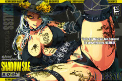 1girl absurdres animal_skull_ornament armlet artist_name belt black_armlet black_belt black_choker black_dress black_eyeliner black_garter_straps black_gloves black_hat black_lips black_panties black_thighhighs breasts breasts_apart butterfly_ornament card_in_hat centipede_tattoo chain character_name choker clitoris clitoris_piercing collarbone covered_pussy cross cross_earrings defaultz dress earrings elbow_gloves english_text eyeliner female female_pubic_hair flower garter_straps gloves grey_hair hat highres huge_breasts jewelry makeup mixed-language_text navel_piercing panties parted_lips patreon_username persona persona_5 piercing pubic_hair pussy_piercing rose royal_flush sae_niijima see-through_clothes see-through_panties shadow_(persona) shadow_sae skull_tattoo snake_tattoo spider_tattoo spiked_armlet spiked_belt spiked_choker spiked_thigh_strap spikes spread_pussy stud_earrings sun_hat tattoo thighhighs underwear yellow_eyes yellow_flower yellow_rose zenless_zone_zero