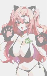 1girl alternate_costume animal_hands bare_shoulders bell bikini black_bikini black_gloves blush breasts commentary cowboy_shot english_commentary female female_only gloves green_eyes grey_background hair_ornament hairclip highres large_breasts long_hair looking_at_viewer meme micro_bikini mole mole_on_breast mole_on_thigh mole_under_eye navel neck_bell nicole_demara open_mouth panties paw_gloves pink_hair short_eyebrows simple_background single_hair_intake solo stomach string_bikini sweat swimsuit taiyaki12 tap_me_(meme) underwear zenless_zone_zero