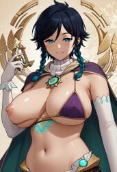 1girls ai_generated areolae big_breasts breasts female female_only genshin_impact huge_breasts large_breasts m467 navel nipples rule_63 venti_(genshin_impact) voluptuous