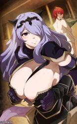 2girls armor armored_female bathhouse big_breasts black_bra breasts camilla_(fire_emblem) clothed clothed_female female female_focus female_only fire_emblem fire_emblem_fates grin grinning grinning_at_viewer hair_over_one_eye head_turned hinoka_(fire_emblem) huge_breasts indoors intelligent_systems looking_at_viewer naked_towel nintendo pinkseito purple_eyes purple_hair red_hair