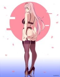 1girls ankle_tattoo ass bare_arms bare_shoulders big_breasts blue_eyes blush bra breasts danfer3 darling_in_the_franxx female female_only flower_petals garter_straps grabbing_ass gradient_background high_heels horns light-skinned_female lingerie long_hair looking_at_viewer looking_back medium_breasts multicolored_background panties pink_hair platform_heels queen_of_spades solo spade_tattoo straight_hair thick_ass thick_thighs thighhighs username zero_two_(darling_in_the_franxx)